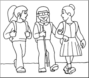 Clip Art: Kids: Walking To School 1 B&W