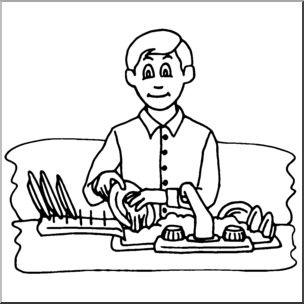 Clip Art: Kids: Chores: Washing the Dishes B&W