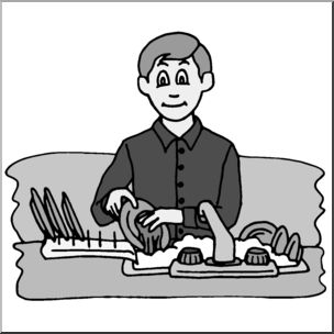 Clip Art: Kids: Chores: Washing the Dishes Grayscale