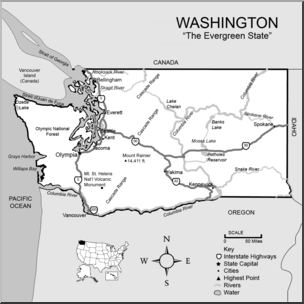 Clip Art: US State Maps: Washington Grayscale Detailed