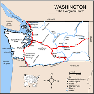 Clip Art: US State Maps: Washington Color Detailed