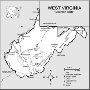 Clip Art: US State Maps: West Virginia Grayscale Detailed