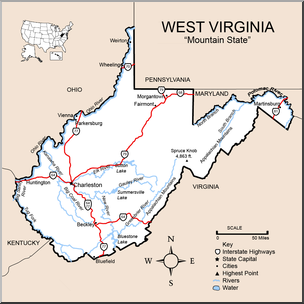 Clip Art: US State Maps: West Virginia Color Detailed