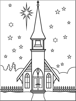 Clip Art: Religious: Winter Church Scene B&W