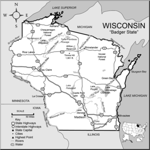 Clip Art: US State Maps: Wisconsin Grayscale Detailed