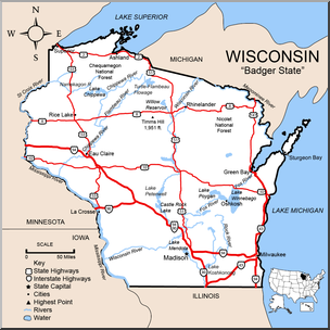 Clip Art: US State Maps: Wisconsin Color Detailed