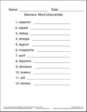 Word Unscramble: Manners