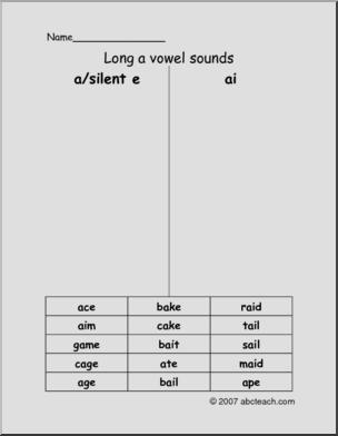 Vowels- Spelling Long A (primary/elem) 1 Word Sort