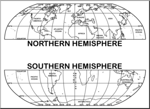 Clip Art: World Map: Northern and Southern Hemispheres B&W