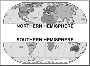 Clip Art: World Map: Northern and Southern Hemispheres Grayscale
