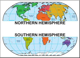Clip Art: World Map: Northern and Southern Hemispheres Color