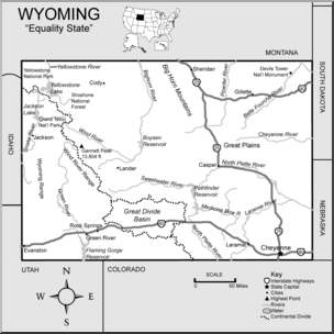 Clip Art: US State Maps: Wyoming Grayscale Detailed
