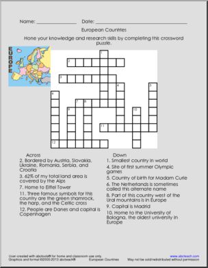 Crossword: European Countries (upper el/middle school)
