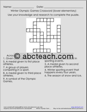 Winter Olympics: Crossword (elem)