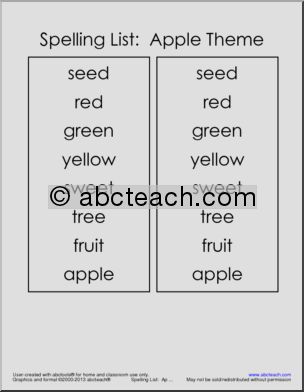Spelling List: Apple Theme (primary)