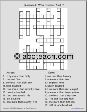 Crossword:  What Number Am I ? (elementary)