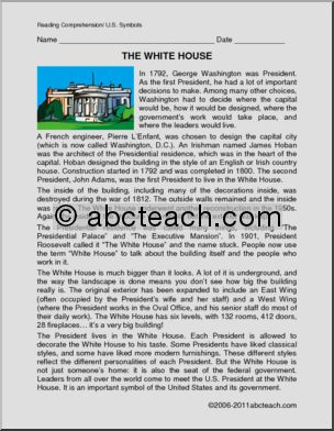 Comprehension: U.S. Landmark – White House (primary/elem)