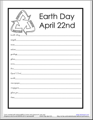 Earth Day Word List – Cursive Writing – (upper el and higher)