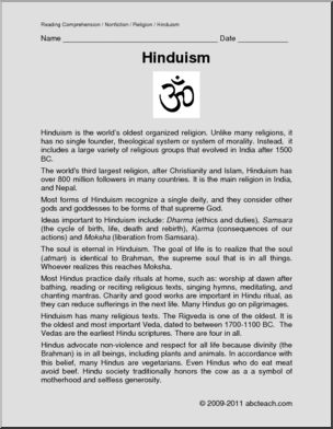 Comprehension: Religions of India; Hinduism (upper elem/middle)