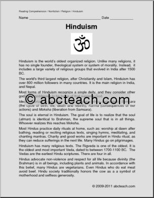 Comprehension: Religions of India; Hinduism (upper elem/middle)