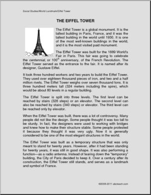 Comprehension: World Landmark – The Eiffel Tower (upper elem/middle)