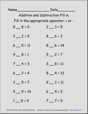 Addition & Subraction Fill in Operators Worksheet Part 2