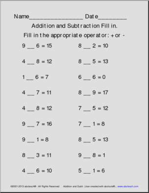 Addition & Subraction Fill in Operators Worksheet Part 1