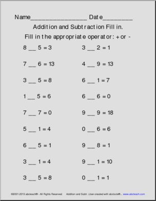 Addition & Subraction Fill in Operators Worksheet Part 3