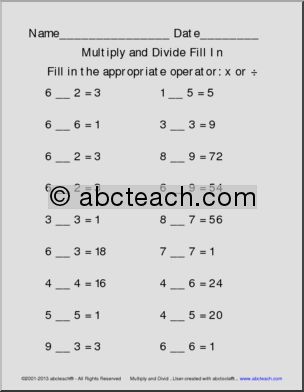 Fill In the Operators Multiply and Divide