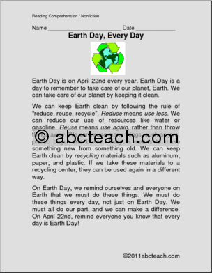 Comprehension: Earth Day,  Every Day (elementary)