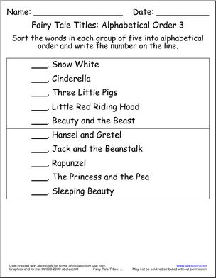 Fairy Tale Titles (number, sets of five) ABC Order