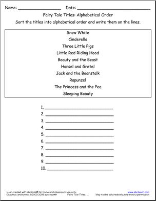 Fairy Tale Titles (write on lines) ABC Order