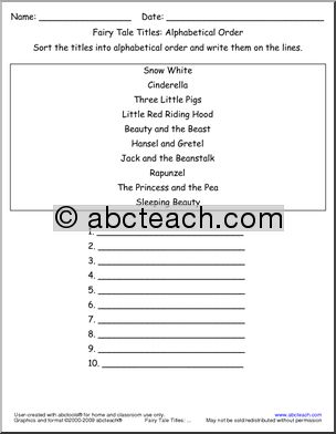 Fairy Tale Titles (write on lines) ABC Order