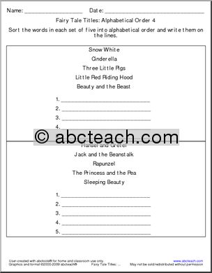 Fairy Tale Titles (write, sets of five) ABC Order