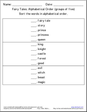 Fairy Tale Titles (number, sets of five) ABC Order