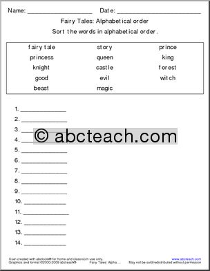 Fairy Tale Words (write on lines) ABC Order