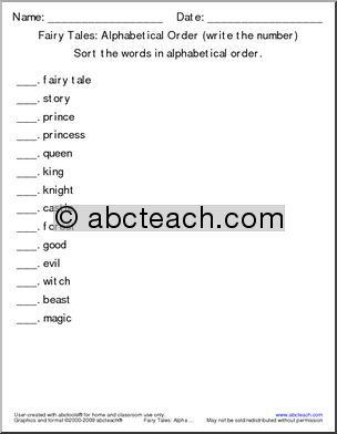 Fairy Tale Words (number) ABC Order