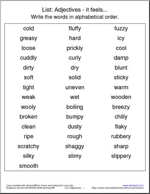 Adjectives Alphabetical Sorting Worksheet – It Feels – Vocabulary