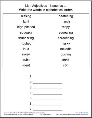 Adjectives Alphabetical Sorting Worksheet – It Sounds – Vocabulary