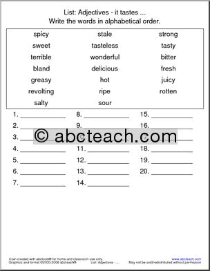 Adjectives Alphabetical Sorting Worksheet – It Tastes – Vocabulary