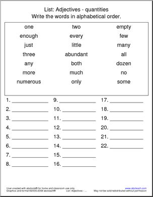 Quantities & Adjectives – Alphabetical Sorting Worksheet – Vocabulary