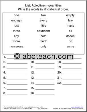 Quantities & Adjectives – Alphabetical Sorting Worksheet – Vocabulary