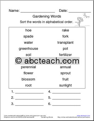 ABC Sort: Gardening Vocabulary