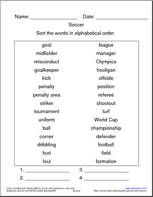 Soccer Vocabulary ABC Order