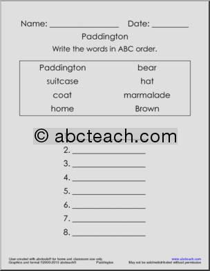 Vocabulary Unit: Book – Paddington (k-1)