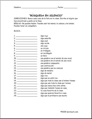 Spanish: Juego – BË™squeda en la Clase – Repaso de Vocabulario (primaria/secundaria)