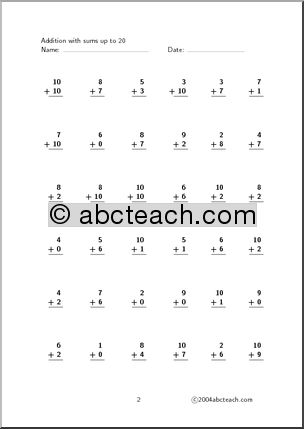 Worksheet: Addition – with sums up to 20 (set 1)