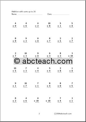 Worksheet: Addition – with sums up to 20 (set 2)