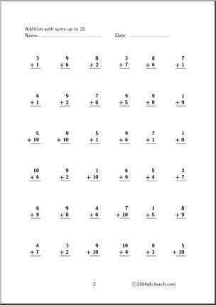 Worksheet: Addition – with sums up to 20 (set 4)