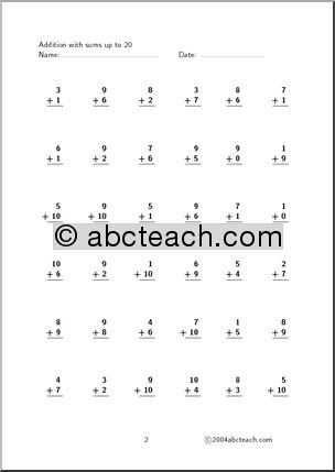 Worksheet: Addition – with sums up to 20 (set 4)
